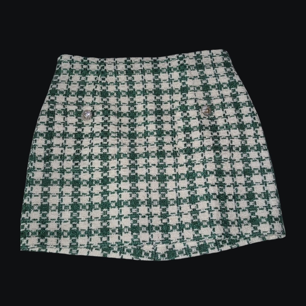 Zara Green and White Tweed Mini Skirt